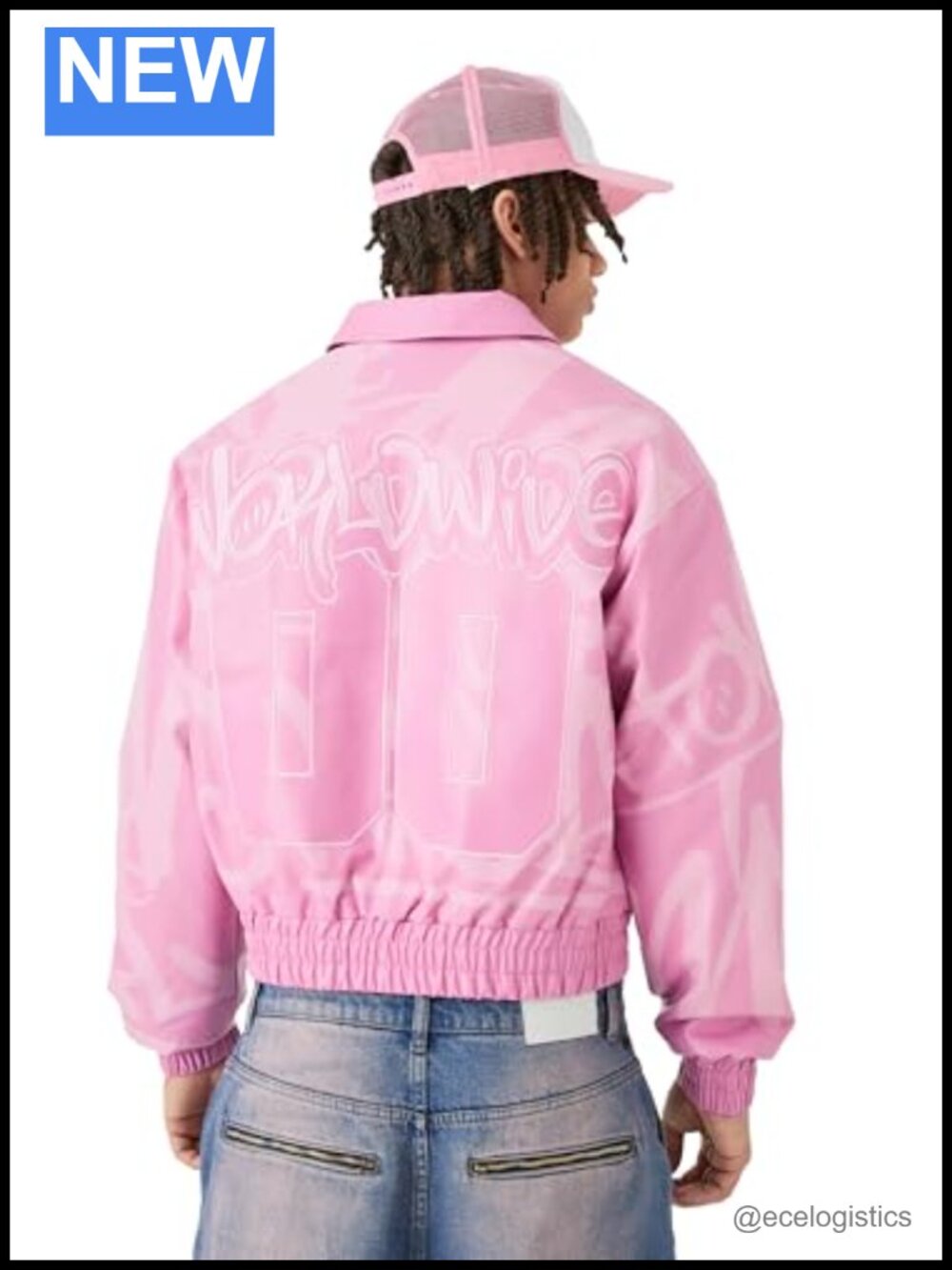 Boxy Cropped Varsity Bomber Jacket Zip Front Applique Pink
